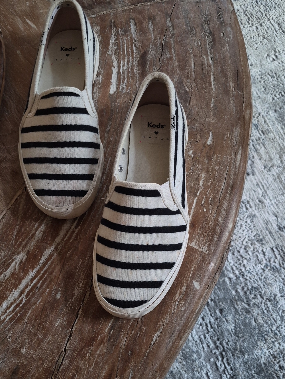 Keds Slip-On Sneakers - Black & Cream Striped Canvas